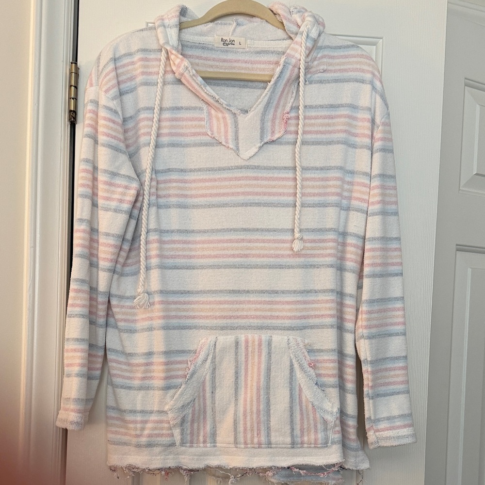 Striped Hooded Pullover Sweatshirt - Pastel Blue & Pink